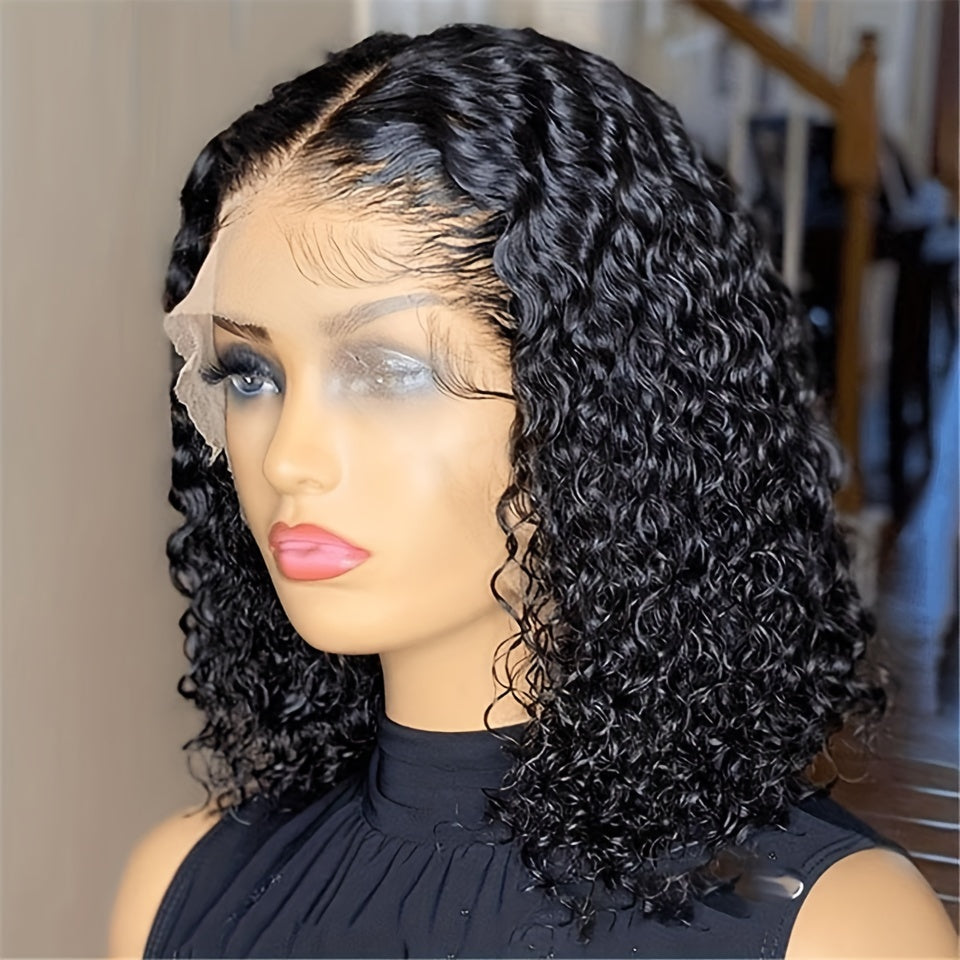 180% Density Water Wave Lace Frontal Short Bob Wig - Lace Wigs for Women with 13x4x1 T Part HD Transparent Lace, Pre Plucked, Natural Color, Middle Part, Water Curly Lace Part